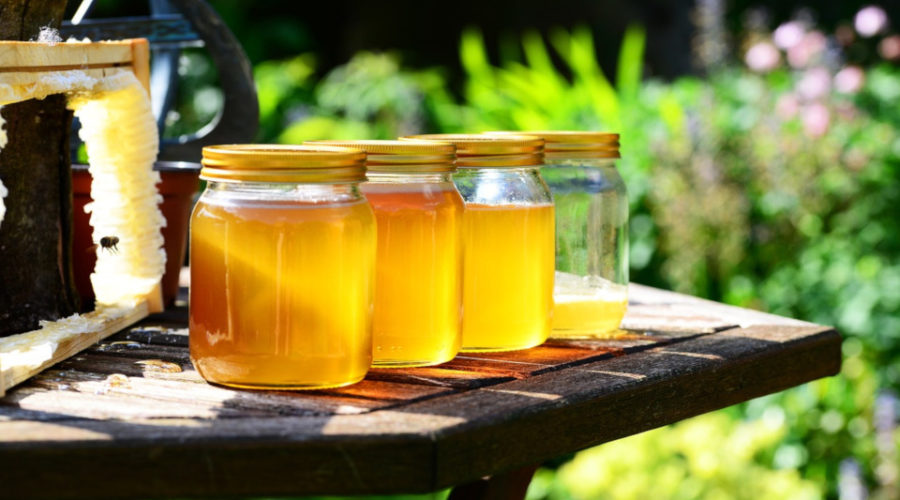 Abgefüllter Honig aus einem Honigeimer mit Quetschhahn